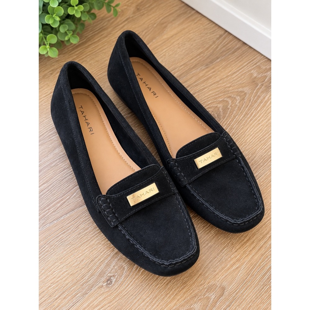 Tahari Marilu Loafers Womens 8.5 Black Suede Leather Slip On Flats Gold Logo